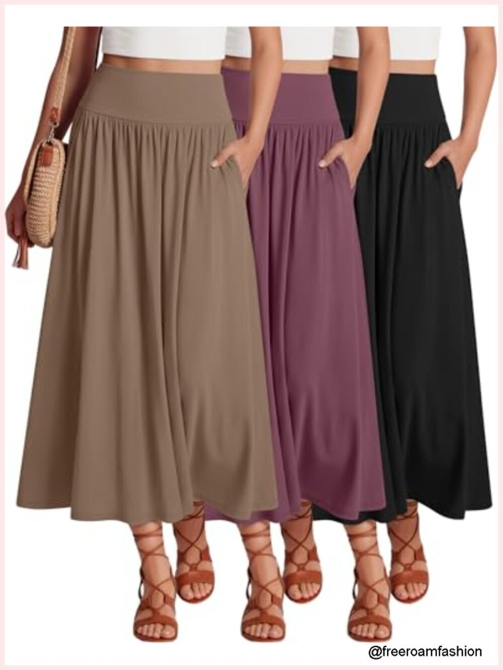 Women's Maxi Skirts 3-Pack Ankle Length High Waist A-Line Pleated Flowy with